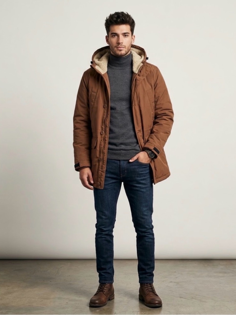 32 Degrees Heat Men’s Sherpa-Lined Commuter Parka Jacket - Brownberry - Size L